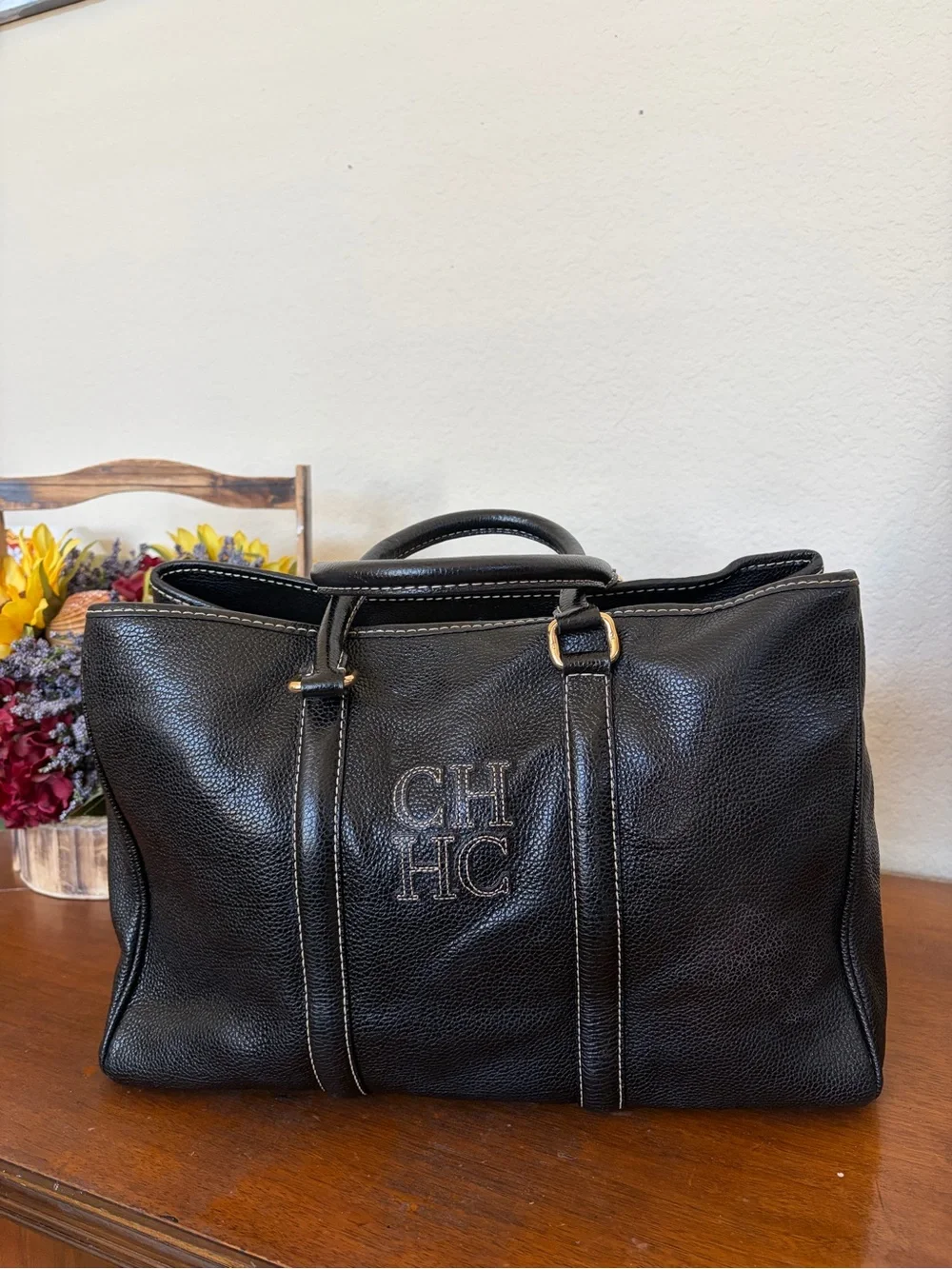 Carolina Herrera Black Leather Andy Satchel Tote Bag